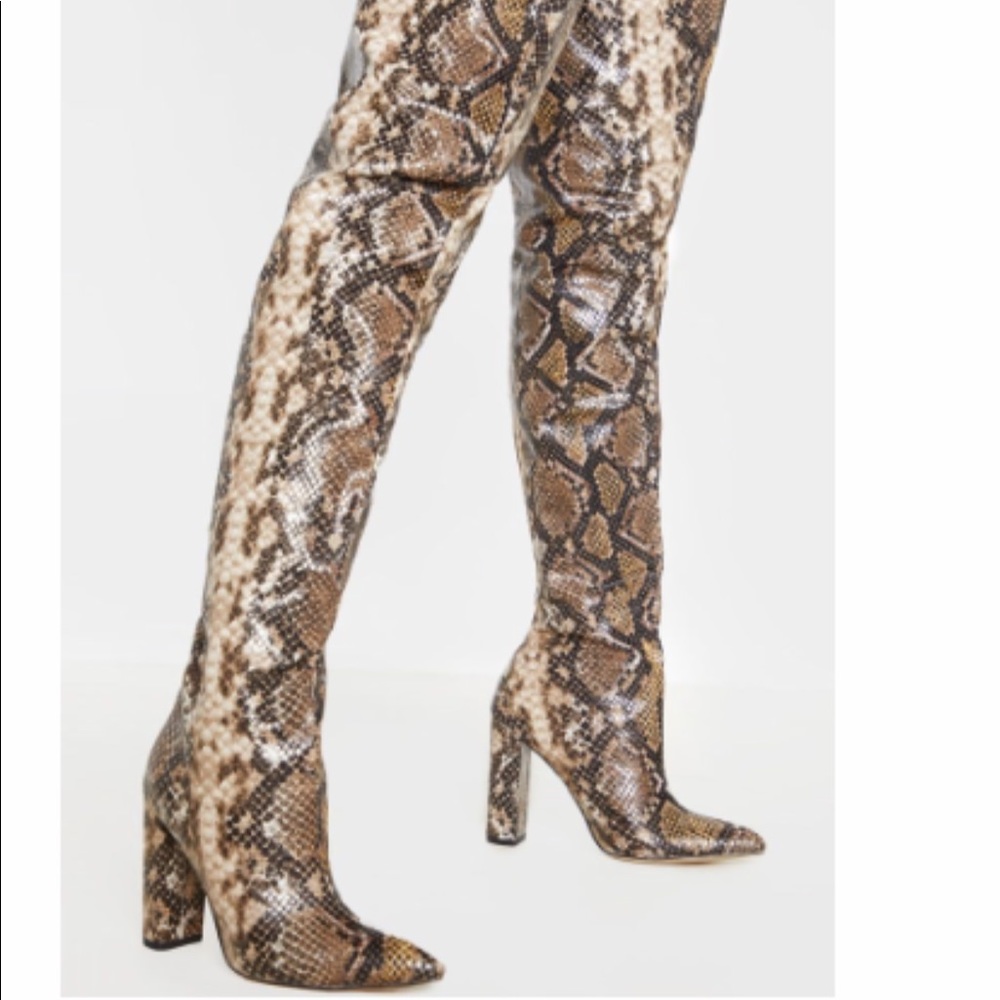 Snake Thigh High Point Block Heel Boot